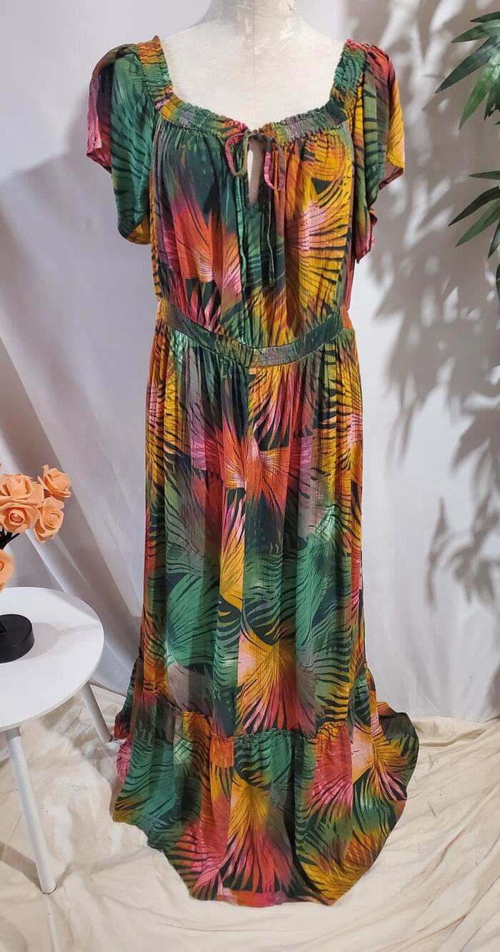 Terra & Sky Tropical Tiered Smocked Tie Neck Maxi Dress Size 0X 14W Multicolor